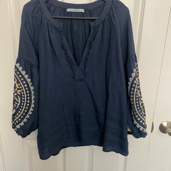 Archaic Greek Kori Embroidered Linen Contrast Paisley Sleeve Tunic - Women - Picture 6 of 7